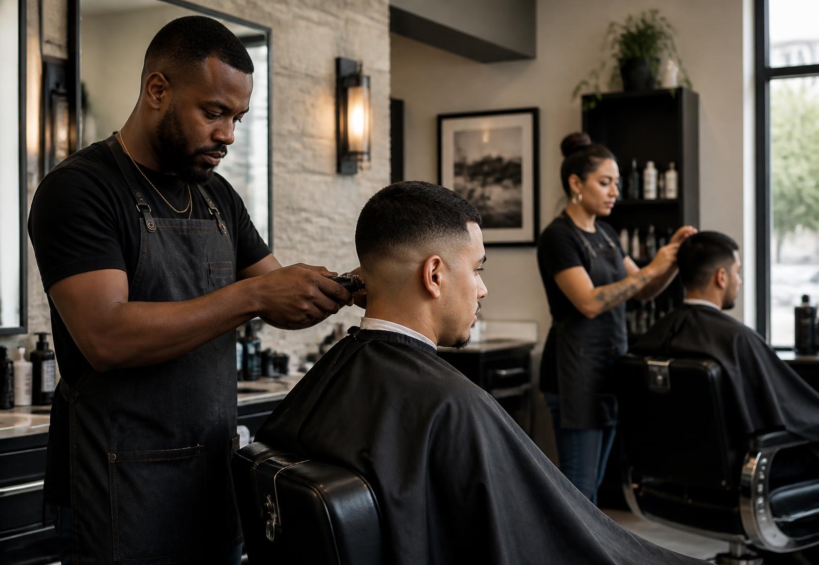 Two barbers working at neighboring chairs in a modern barbershop